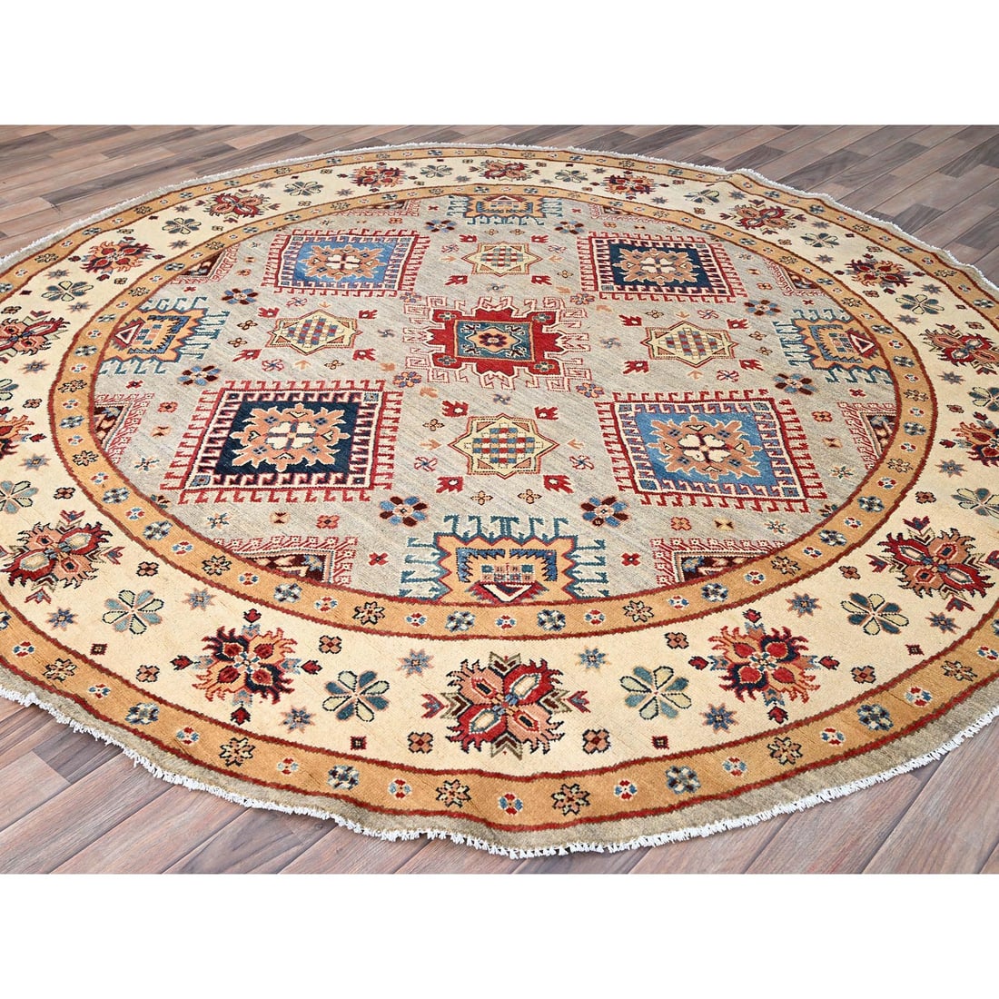 Bamboo Brown Special Kazak Geometric Design Wool Hand Knotted Rug - 3