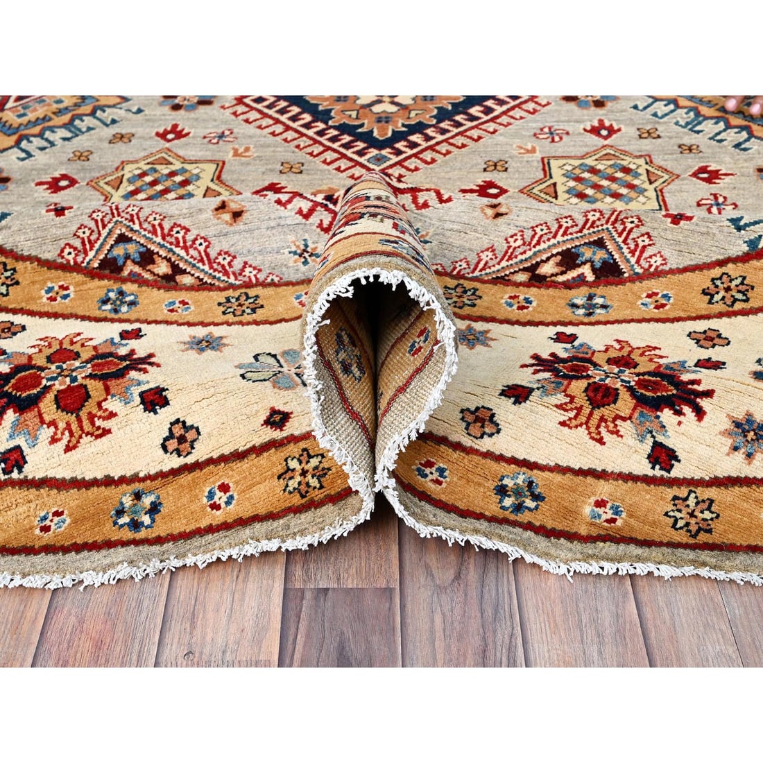 Bamboo Brown Special Kazak Geometric Design Wool Hand Knotted Rug - 5