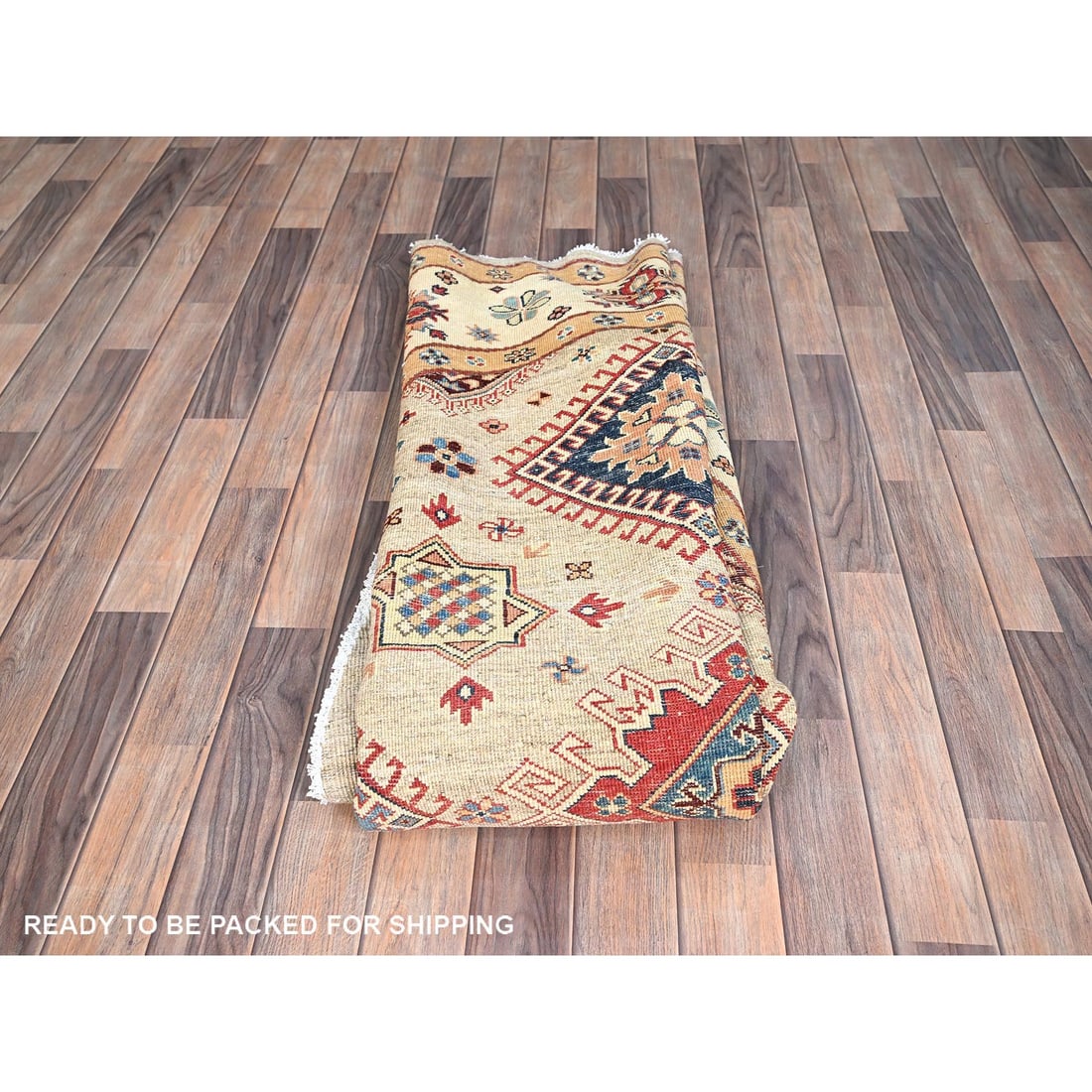 Bamboo Brown Special Kazak Geometric Design Wool Hand Knotted Rug - 8