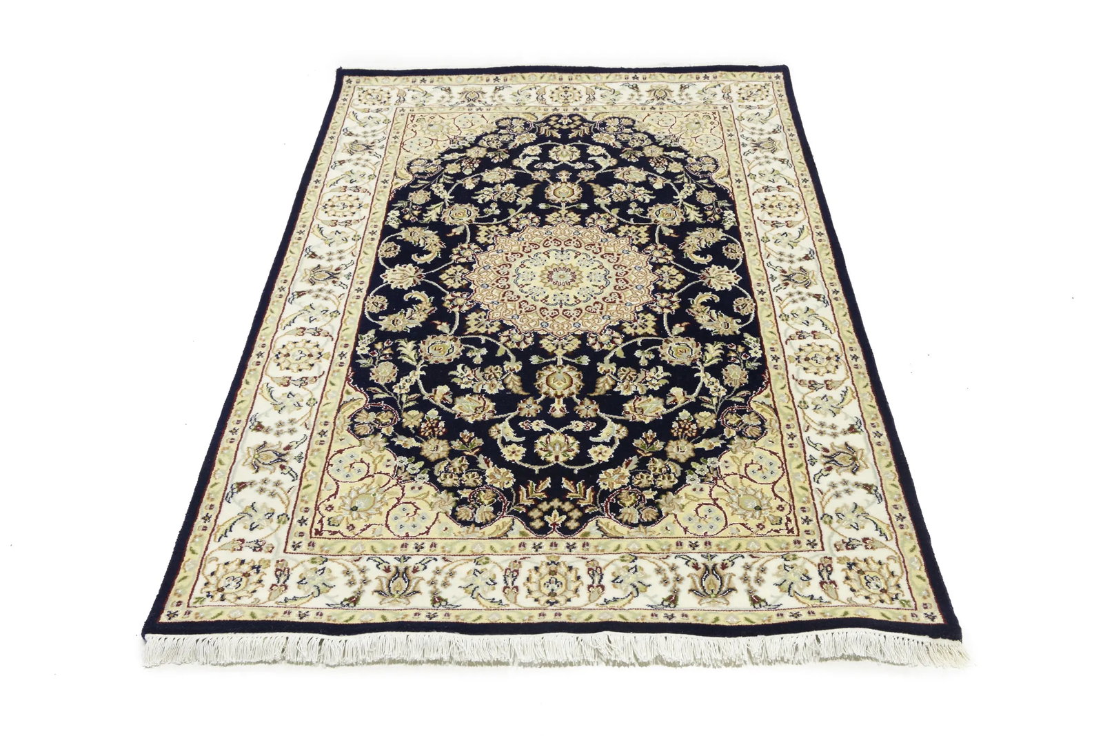 Dark Navy Floral 4X6 Indo-Nain Oriental Rug - 3