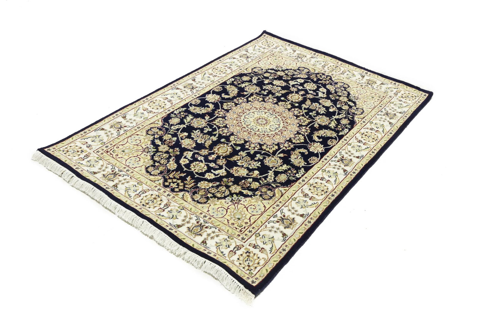 Dark Navy Floral 4X6 Indo-Nain Oriental Rug - 4