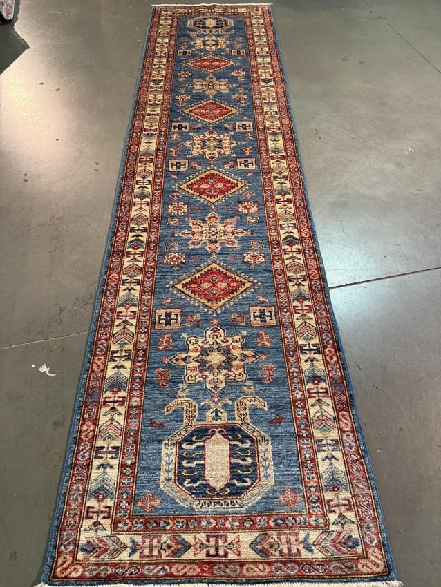 Fine Super Kazak Runner 2.10x11.4: Title:Fine Super Kazak Runner 2.10x11.4 Description:2'.10"x11'.4" Super quality Kazak Runner in Antique finish , hand spun and hand knotted in Pakistan 100% natural Veggey Dye wool Pile , in Silky