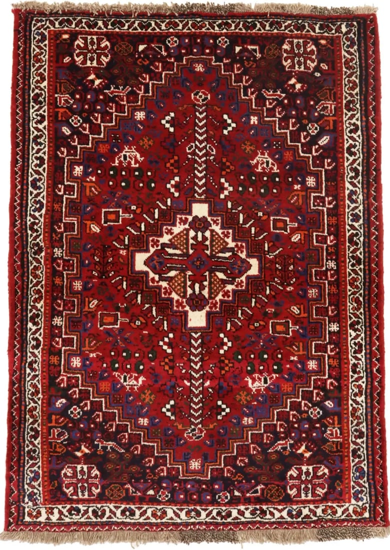 Red Tribal 3'4X5 Shiraz Persian Rug: Title: Red Tribal 3'4X5 Shiraz Persian Rug Description:Handmade 3'4X5 red Persian rug made with natural dyes (fine wool pile and cotton foundation), superior knot count, and appealing ancient