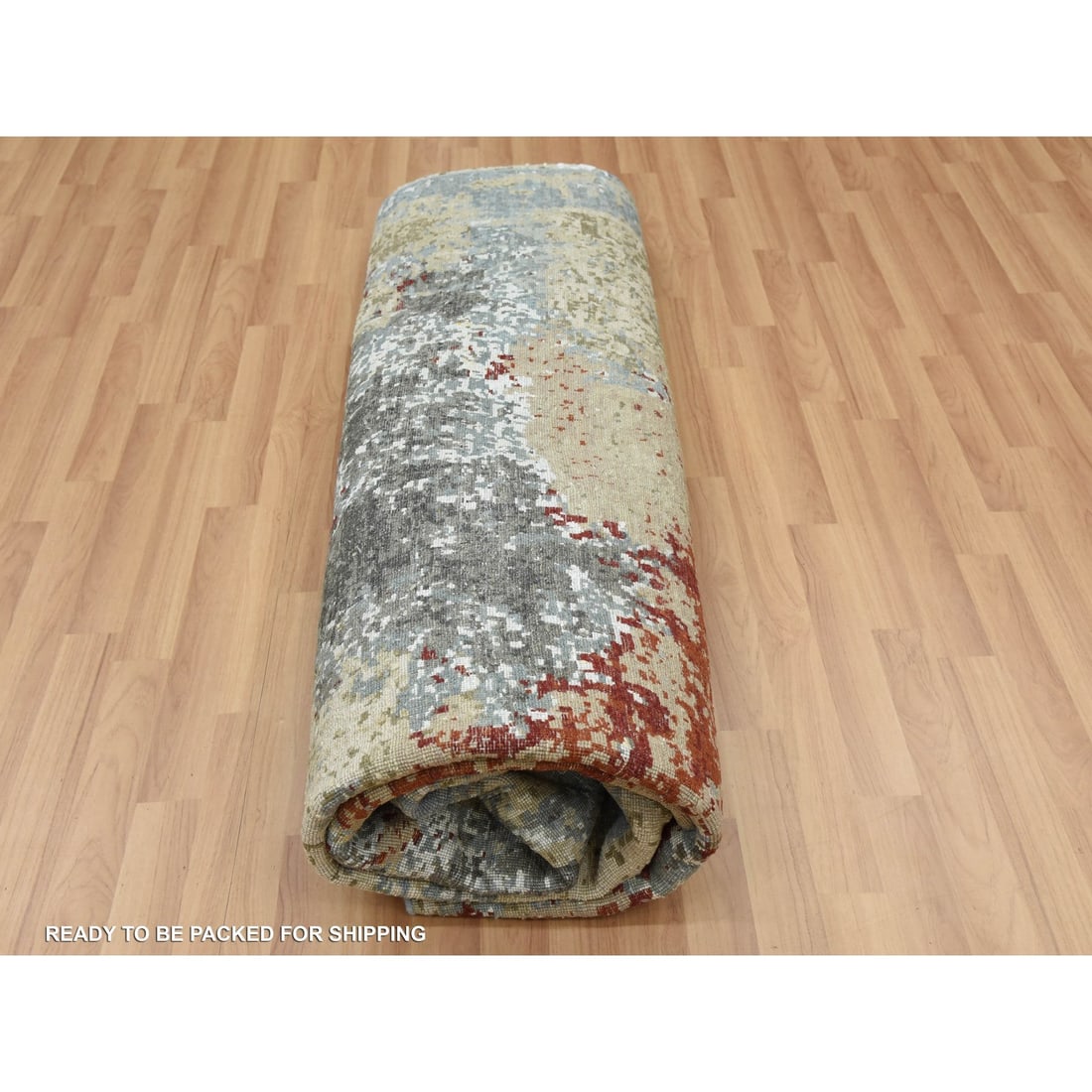 Parchment Color, Hand Knotted Abstract Design, Soft Wool Square Rug - 9