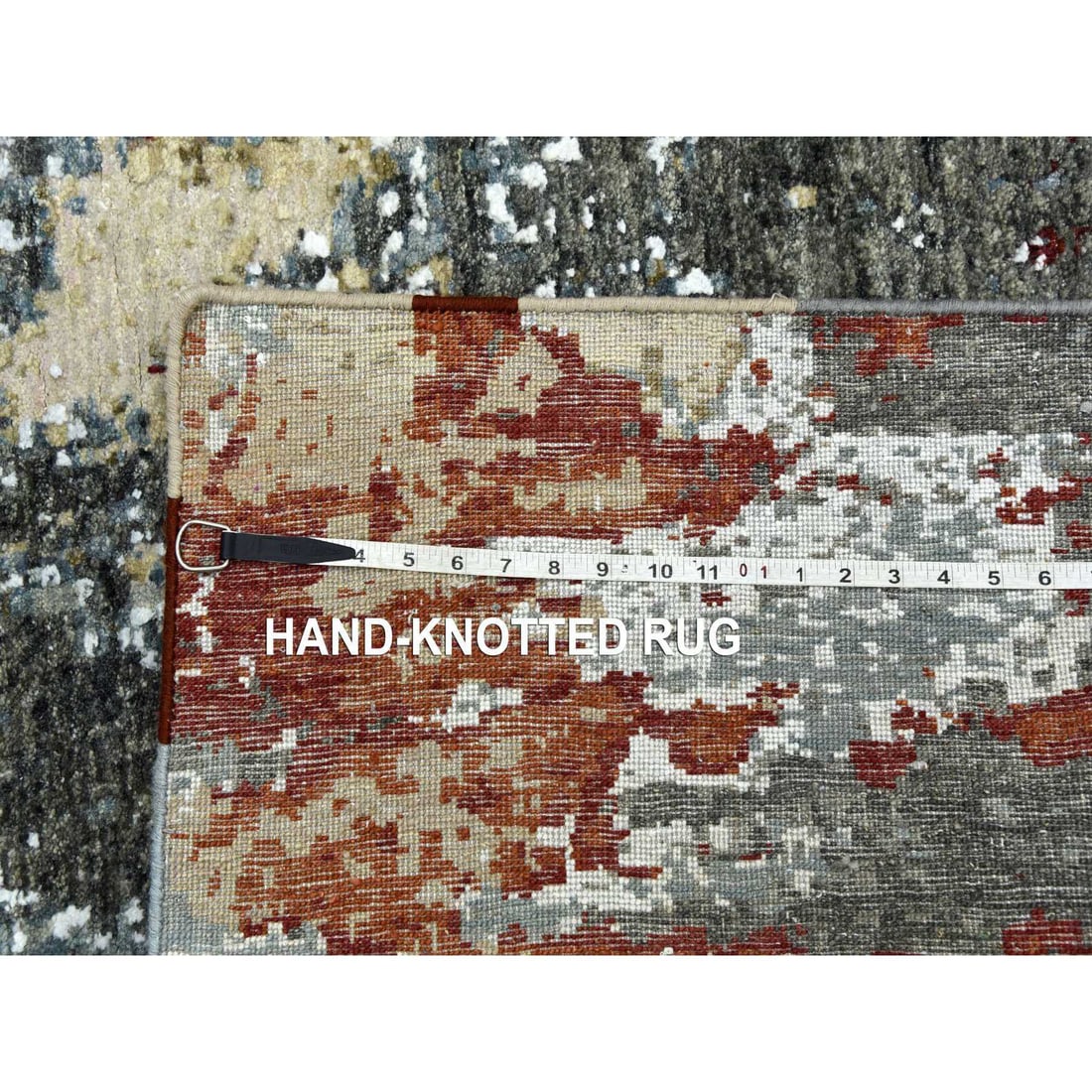 Parchment Color, Hand Knotted Abstract Design, Soft Wool Square Rug - 11
