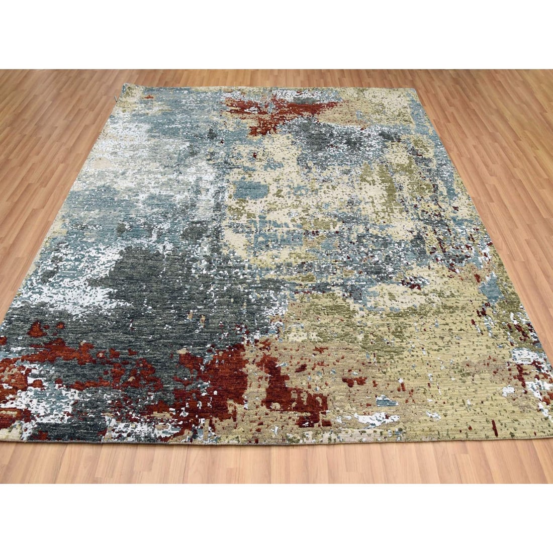 Parchment Color, Hand Knotted Abstract Design, Soft Wool Square Rug - 2
