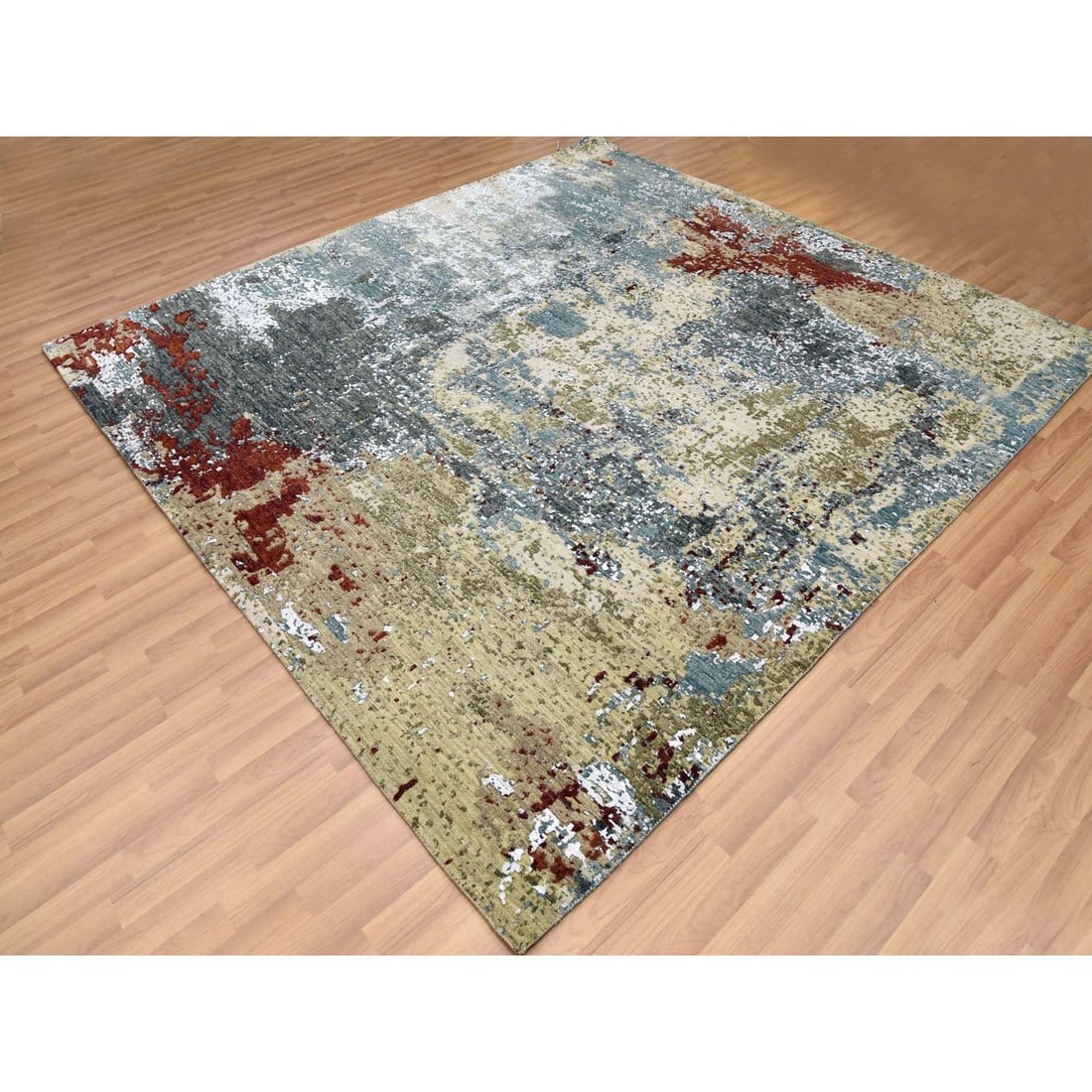 Parchment Color, Hand Knotted Abstract Design, Soft Wool Square Rug - 3