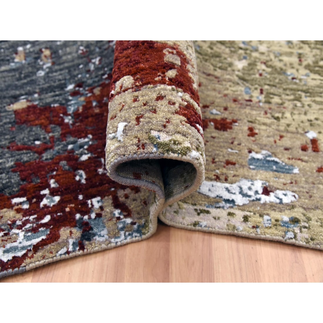 Parchment Color, Hand Knotted Abstract Design, Soft Wool Square Rug - 5