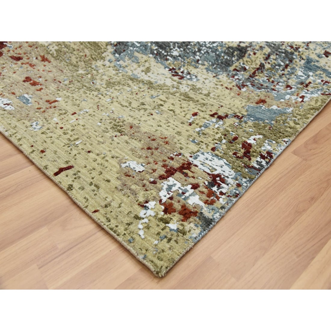 Parchment Color, Hand Knotted Abstract Design, Soft Wool Square Rug - 6