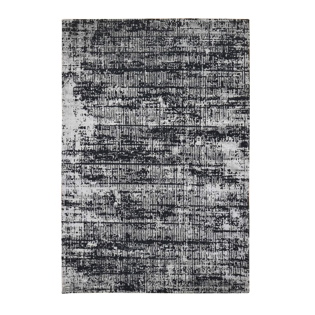 Black, Modern, Wool and Plant Based Silk, Hand Loomed, Oriental Rug: Title: Black, Modern, Wool and Plant Based Silk, Hand Loomed, Oriental Rug Description:This is a truly genuine one-of-a-kind. It has been Knotted for months and months in the centuries-old weaving
