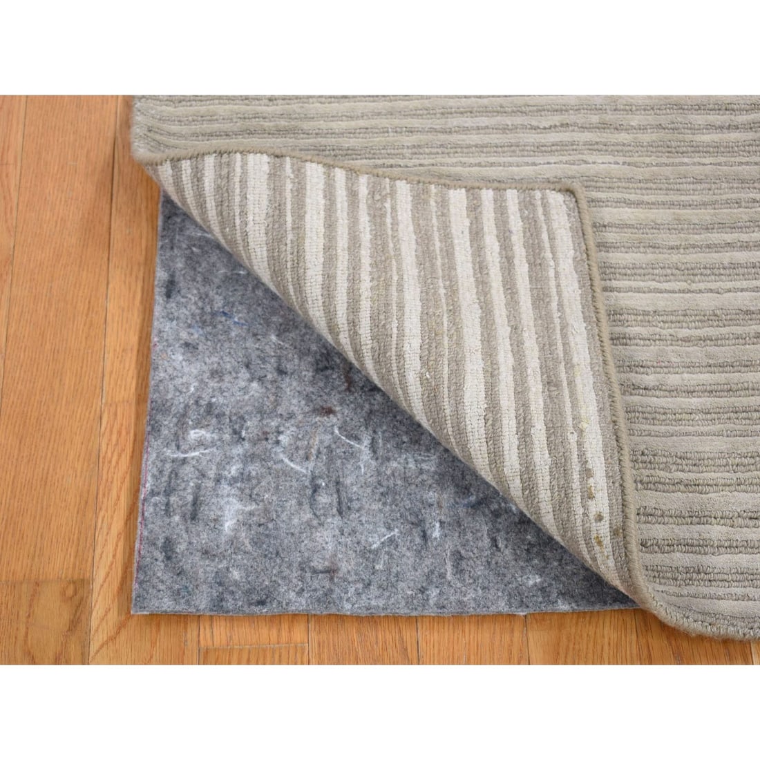 Beige Modern Stripe Design Hand Loomed Wool and Silk Cut and Loop Rug - 2