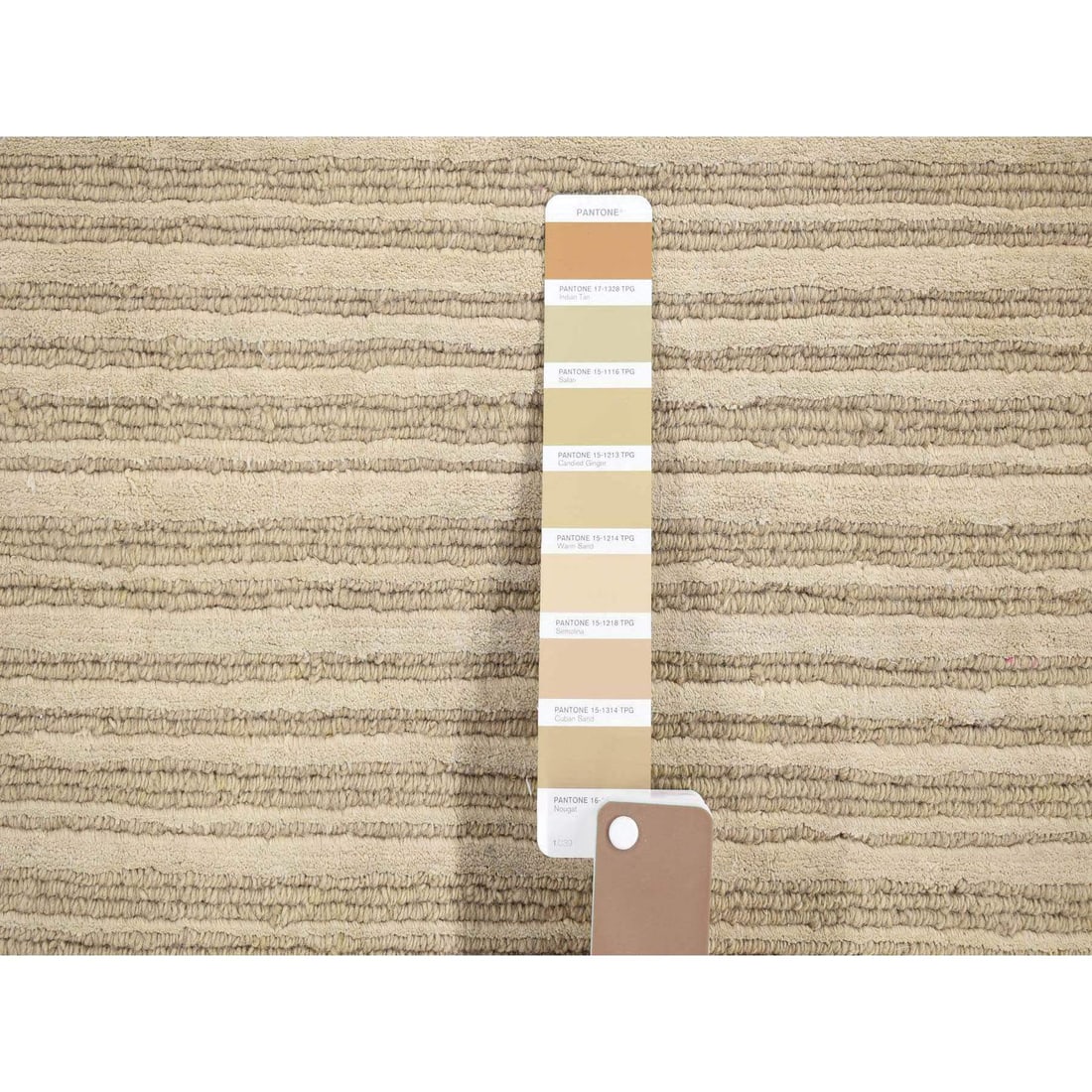 Beige Modern Stripe Design Hand Loomed Wool and Silk Cut and Loop Rug - 3