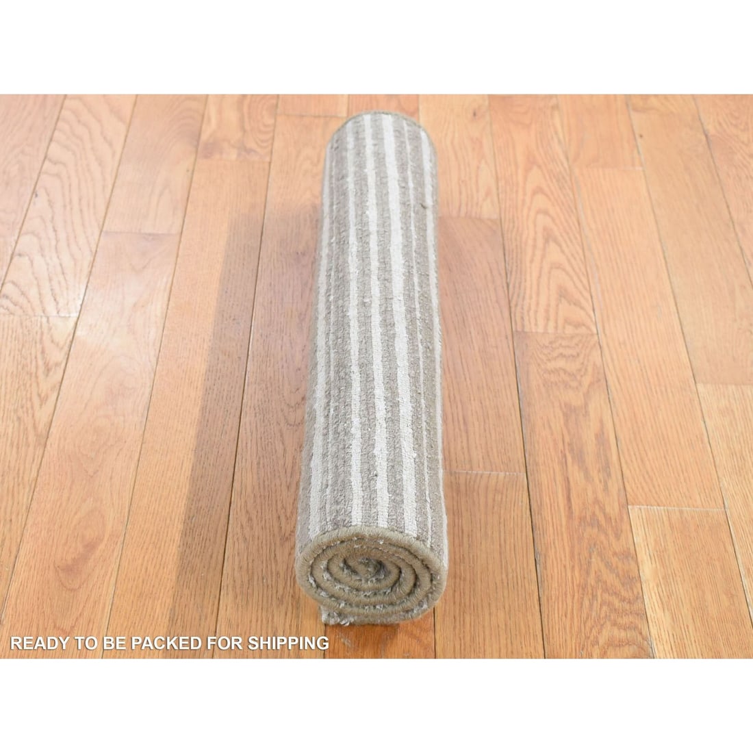 Beige Modern Stripe Design Hand Loomed Wool and Silk Cut and Loop Rug - 4