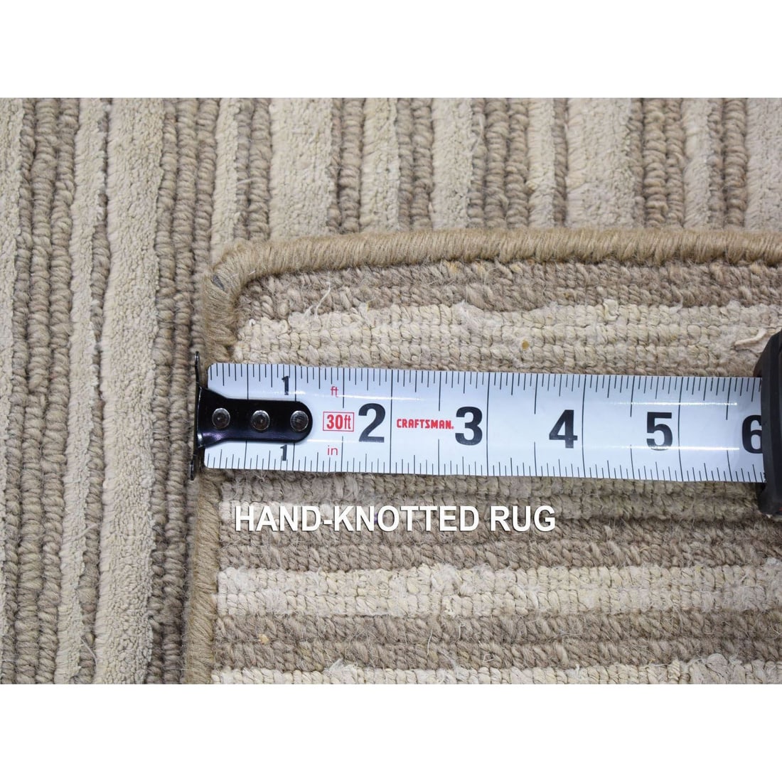Beige Modern Stripe Design Hand Loomed Wool and Silk Cut and Loop Rug - 6