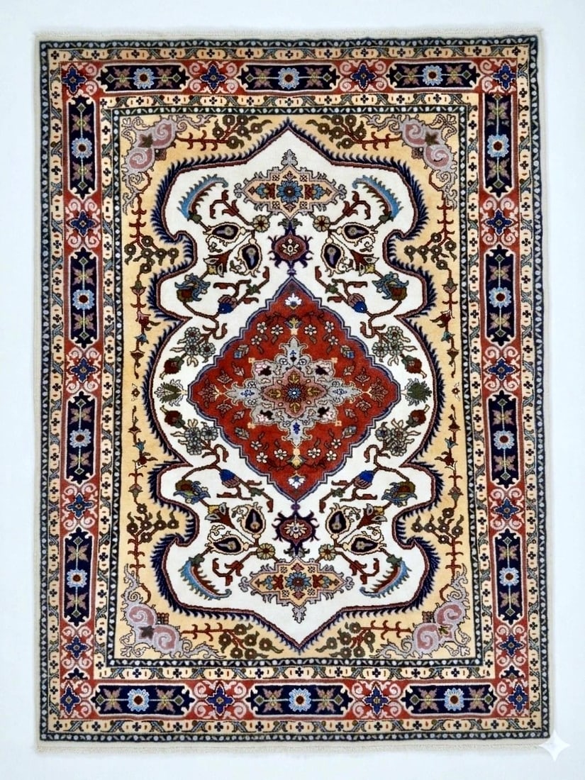 Hand Knotted Persian Tabriz Wool Ivory Oriental Area Rug 4'10" x 6'6" - 5