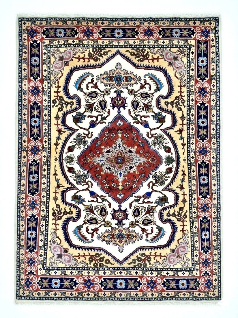 Hand Knotted Persian Tabriz Wool Ivory Oriental Area Rug 4'10" x 6'6" - 6
