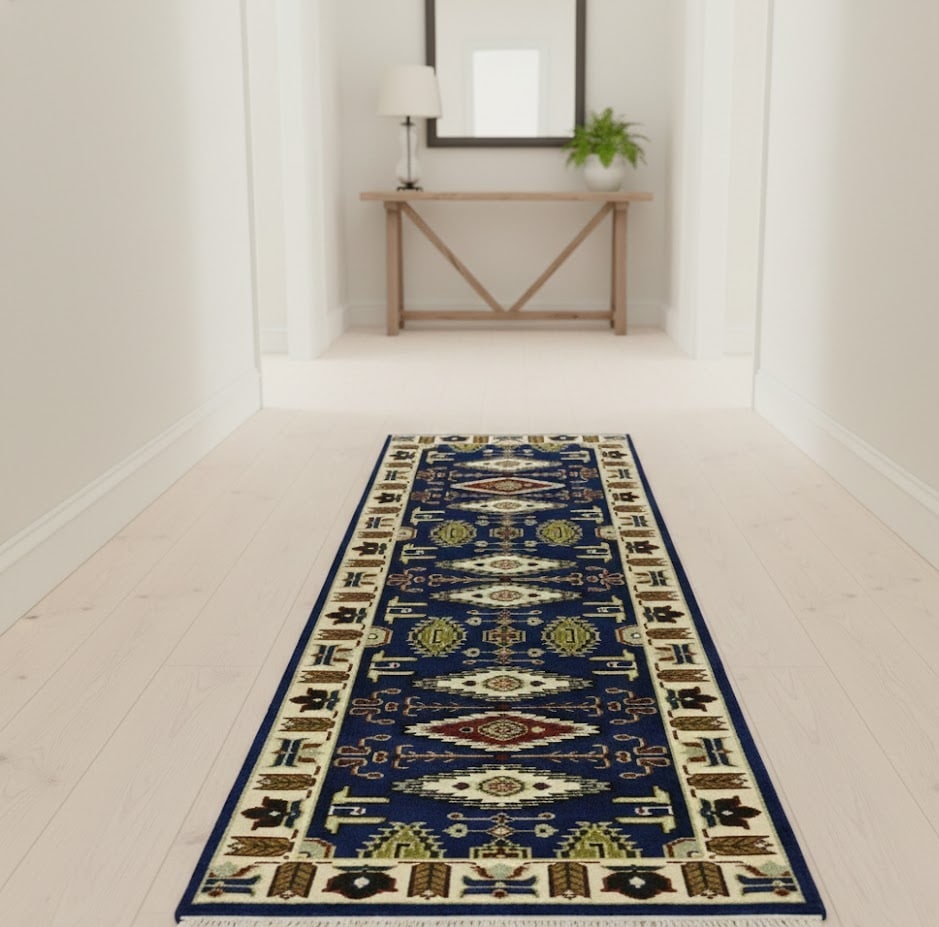 Navy Blue Geometric 3X8 Kazak Oriental Runner Rug - 2