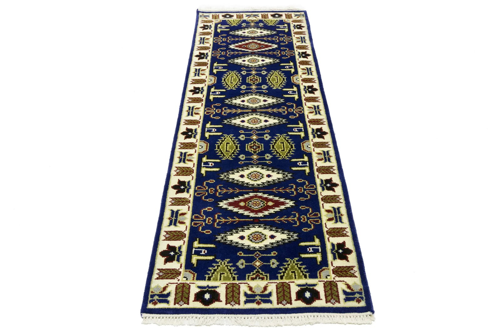 Navy Blue Geometric 3X8 Kazak Oriental Runner Rug - 3