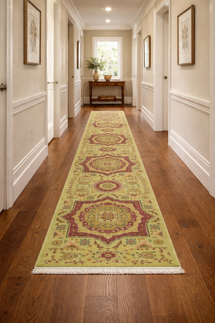 Light Lime Green Floral 2'7X9'8 Heriz Serapi Oriental Runner Rug - 2