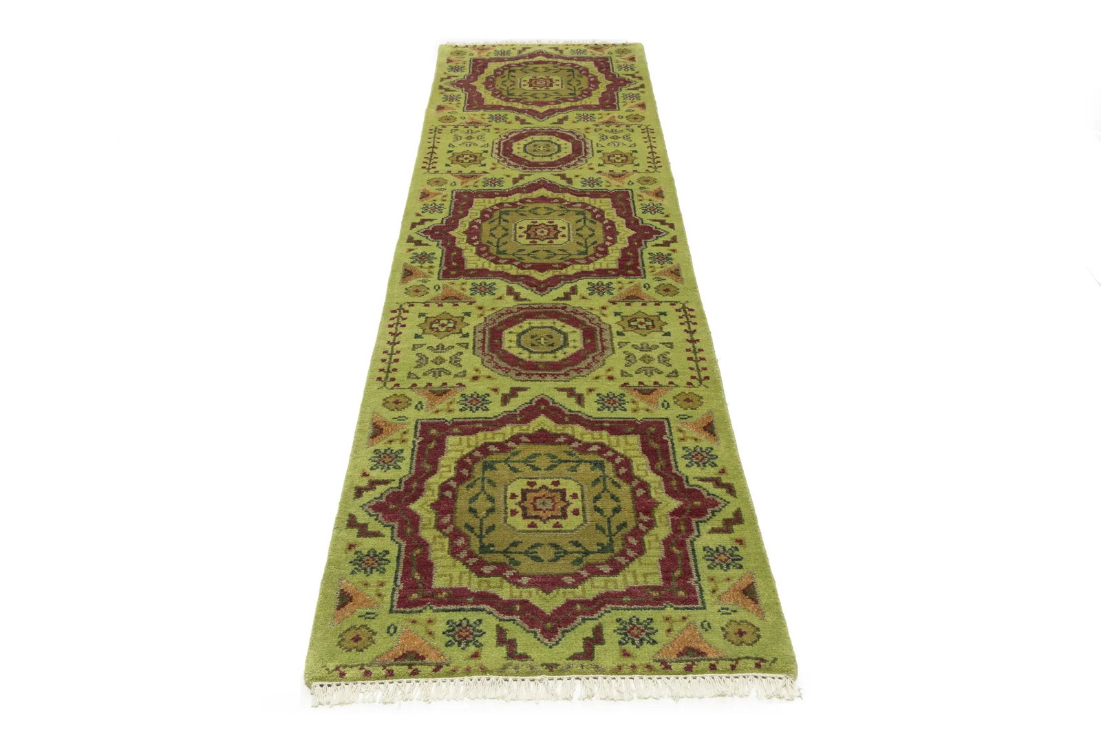 Light Lime Green Floral 2'7X9'8 Heriz Serapi Oriental Runner Rug - 3