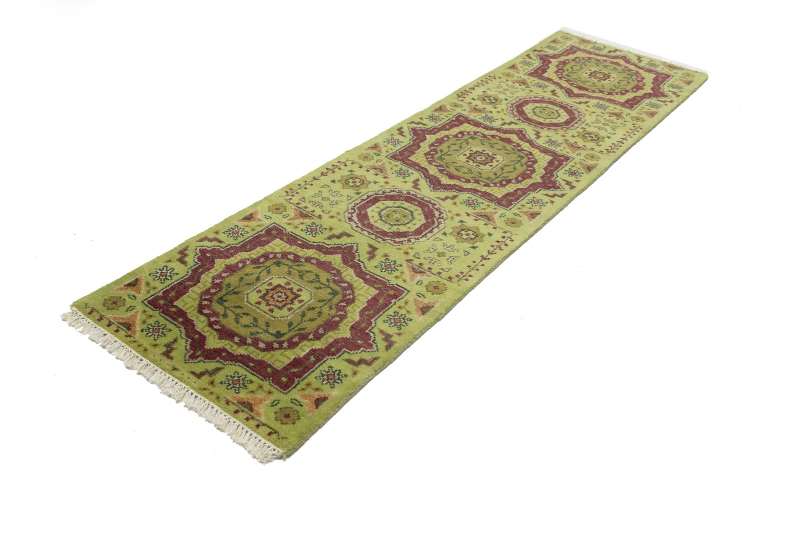 Light Lime Green Floral 2'7X9'8 Heriz Serapi Oriental Runner Rug - 5