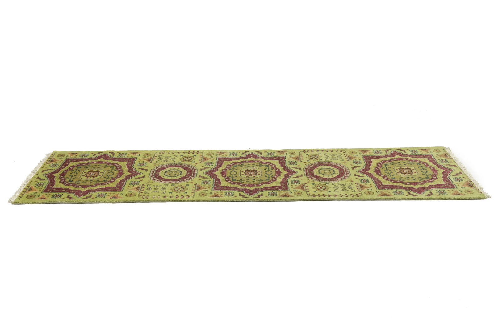 Light Lime Green Floral 2'7X9'8 Heriz Serapi Oriental Runner Rug - 6