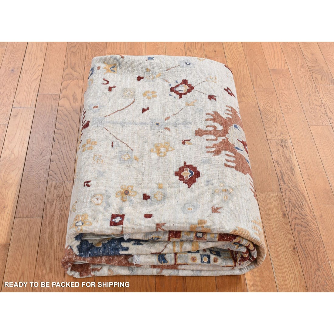 Parchment White, Peshawar with Mahal Design, Hand Knotted Wool Rug - 9