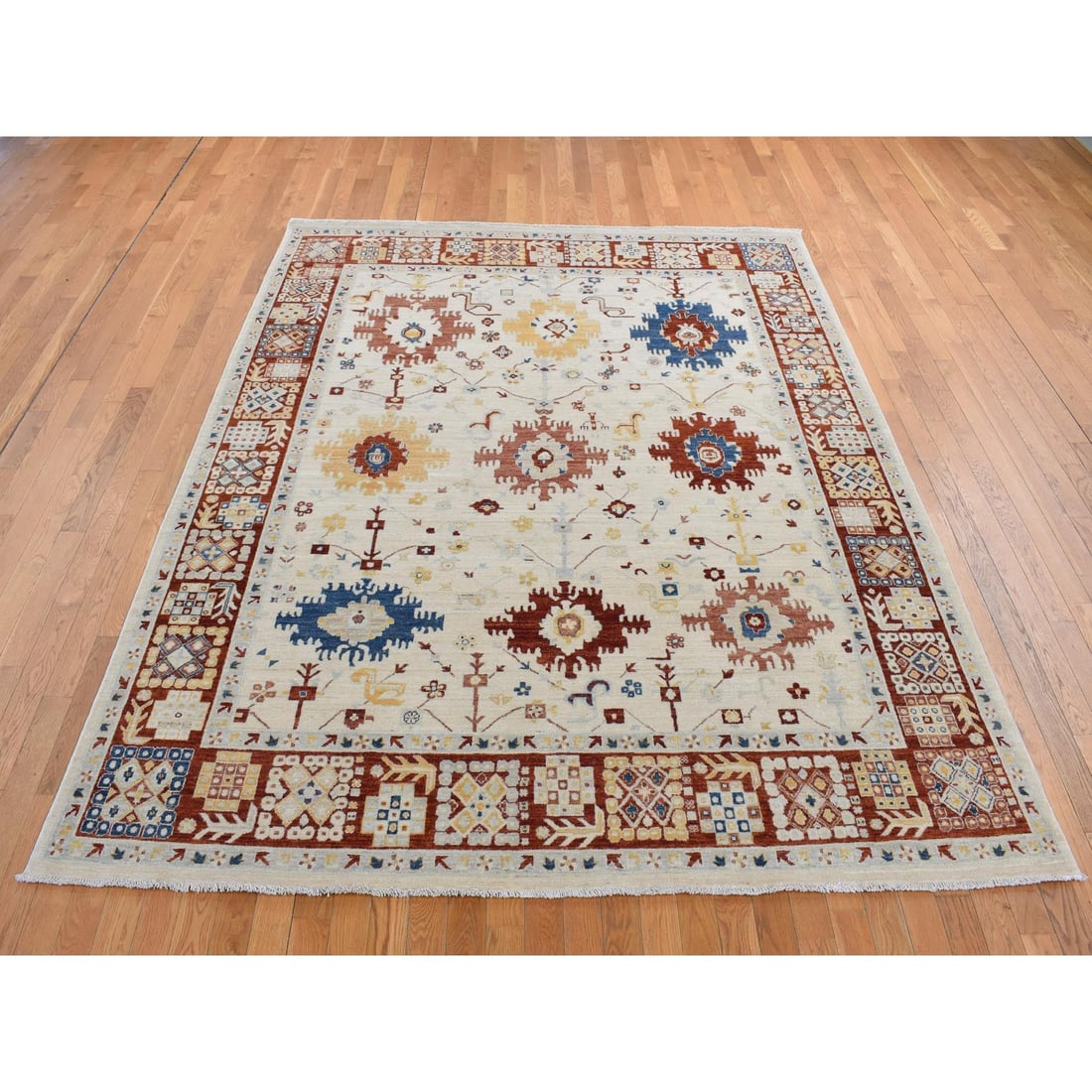 Parchment White, Peshawar with Mahal Design, Hand Knotted Wool Rug - 2