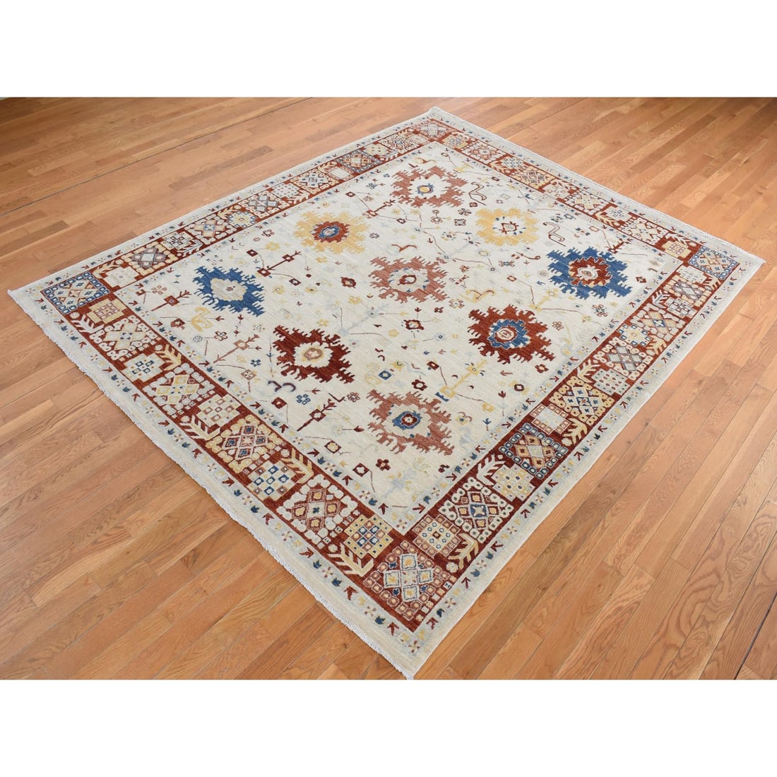 Parchment White, Peshawar with Mahal Design, Hand Knotted Wool Rug - 3