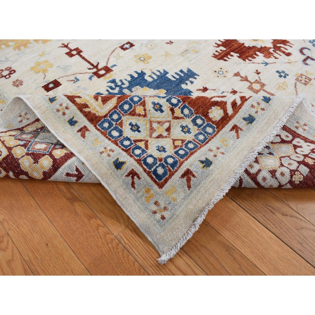 Parchment White, Peshawar with Mahal Design, Hand Knotted Wool Rug - 5
