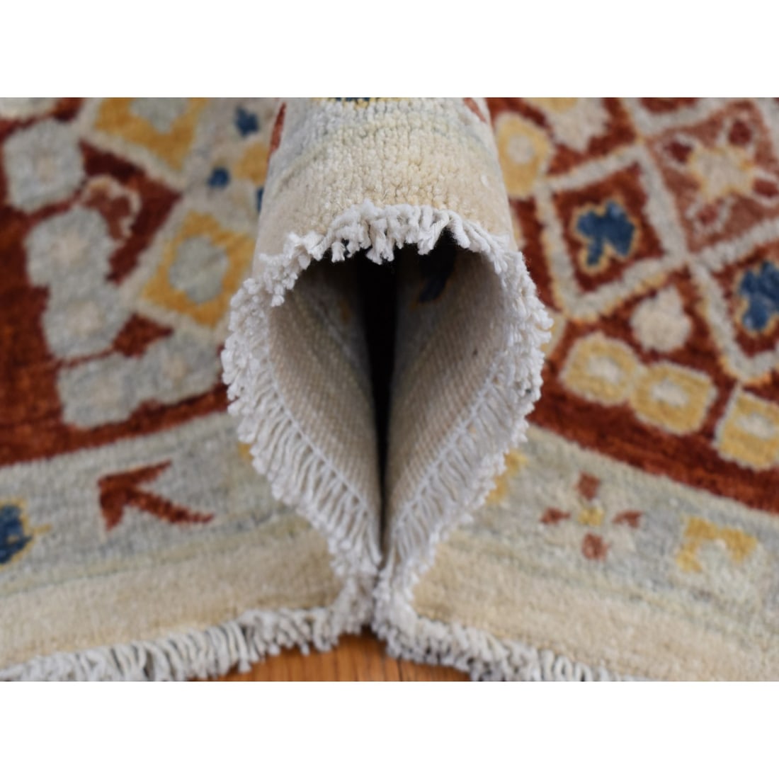 Parchment White, Peshawar with Mahal Design, Hand Knotted Wool Rug - 6