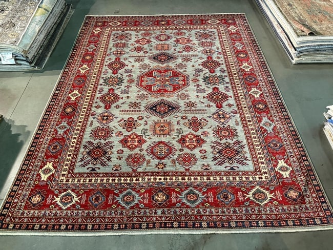 Magnificent Super Kazak Rug 8.1x10.4: Title:Magnificent Super Kazak Rug 8.1x10.4 Description:8.1x10.4 Super quality Kazak Rug, hand spun and hand knotted rug in Pakistan 100% Vegge Dye natural wool pile , in silky high sheen light Blue ,