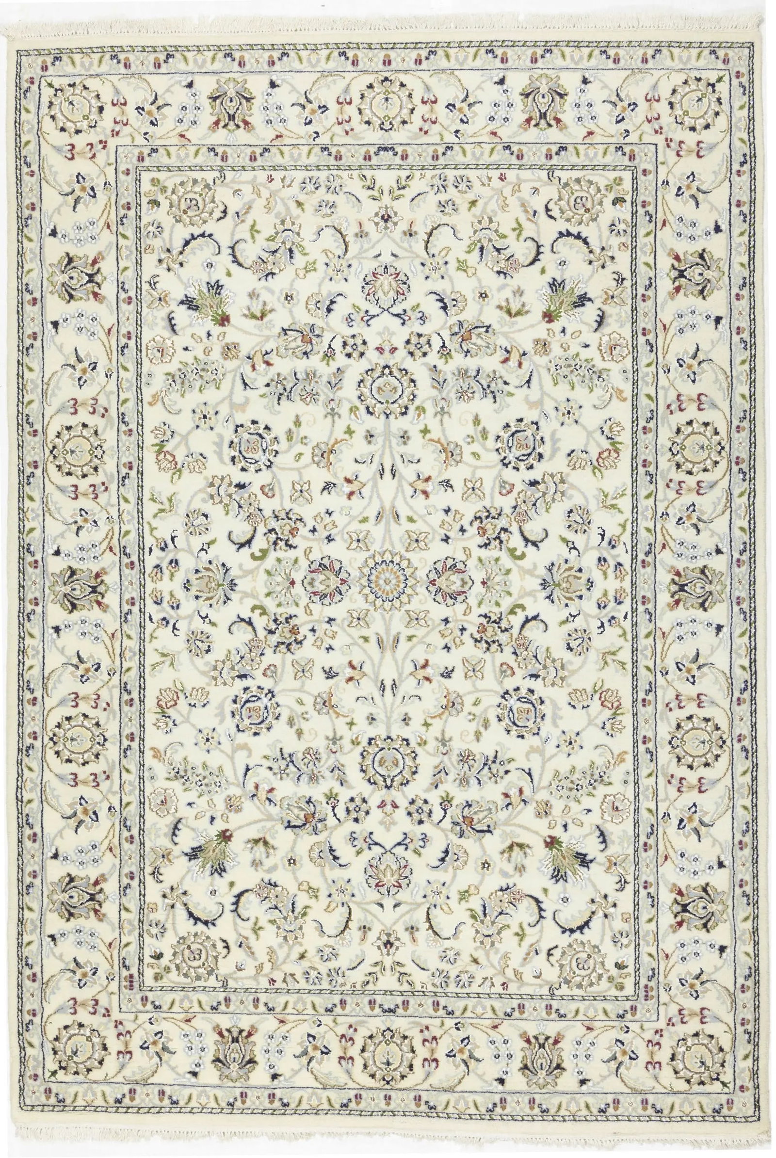 Cream Floral 5'5X7'9 Indo-Nain Oriental Rug: Title: Cream Floral 5'5X7'9 Indo-Nain Oriental Rug Description:Handmade 5'5X7'9 cream Oriental rug made with vegetable dyes (fine wool pile and cotton foundation), exceptional knot count, and app