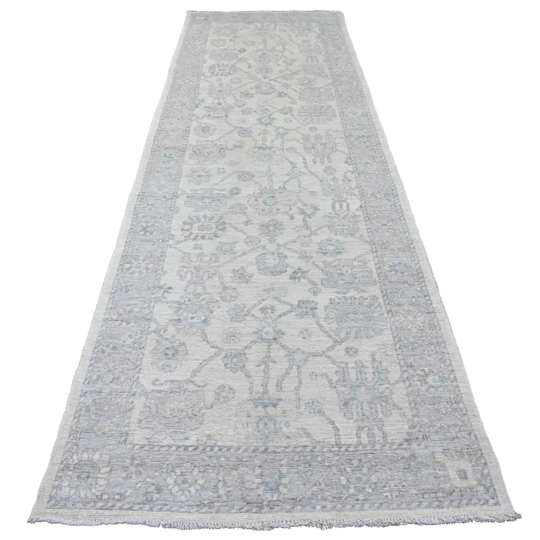 White Afghan Angora Oushak Vines Design Hand Knotted Wool Runner Rug: Title: White Afghan Angora Oushak Vines Design Hand Knotted Wool Runner Rug Description:This is a truly genuine one-of-a-kind. It has been Knotted for months and months in the centuries-old weaving