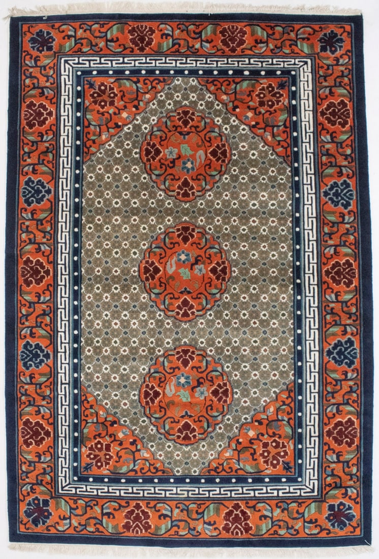 Orange Geometric 6X9 Chinese Style Oriental Rug: Title: Orange Geometric 6X9 Chinese Style Oriental Rug Description:Hand Knotted 6X9 orange geometric Oriental rug made with vegetable dyes (fine wool pile and cotton foundation), superior knot count,