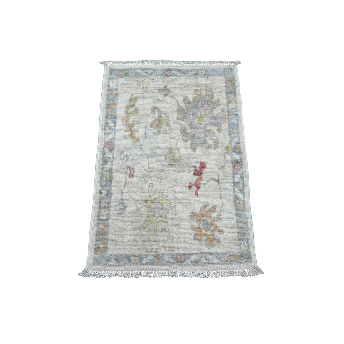 White Afghan Angora Oushak Leaf Design Hand Knotted Pure Wool Mat Rug: Title: White Afghan Angora Oushak Leaf Design Hand Knotted Pure Wool Mat Rug Description:This is a truly genuine one-of-a-kind. It has been Knotted for months and months in the centuries-old weaving