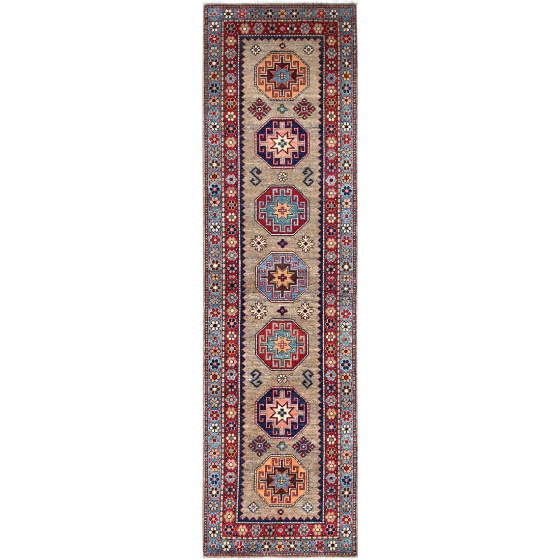 Linen Beige Afghan Special Kazak Wool Hand Knotted Runner Oriental Rug: Title: Linen Beige Afghan Special Kazak Wool Hand Knotted Runner Oriental Rug Description:This is a truly genuine one-of-a-kind. It has been Knotted for months and months in the centuries-old weaving