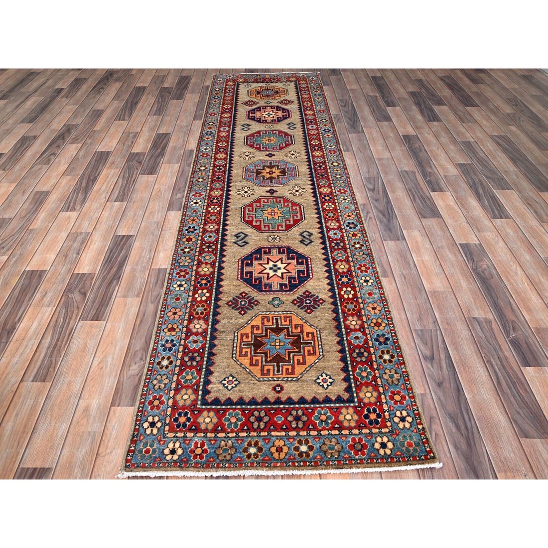 Linen Beige Afghan Special Kazak Wool Hand Knotted Runner Oriental Rug - 2