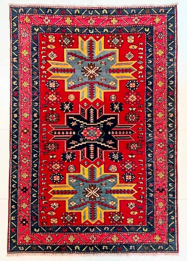 Hand Knotted Karabagh Tribal Wool Red Caucasian Oriental Rug 4'4" x 7" (1 of 9)
