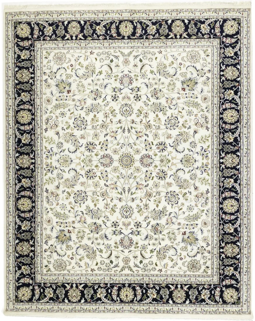 Cream Floral 8X10 Indo-Nain Oriental Rug: Title: Cream Floral 8X10 Indo-Nain Oriental Rug Description:Handmade 8X10 cream Oriental rug made with vegetable dyes (fine wool pile and cotton foundation), exceptional knot count, and