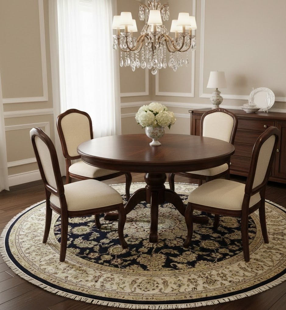 Dark Navy Floral 7X7 Indo-Nain Oriental Round Rug - 2