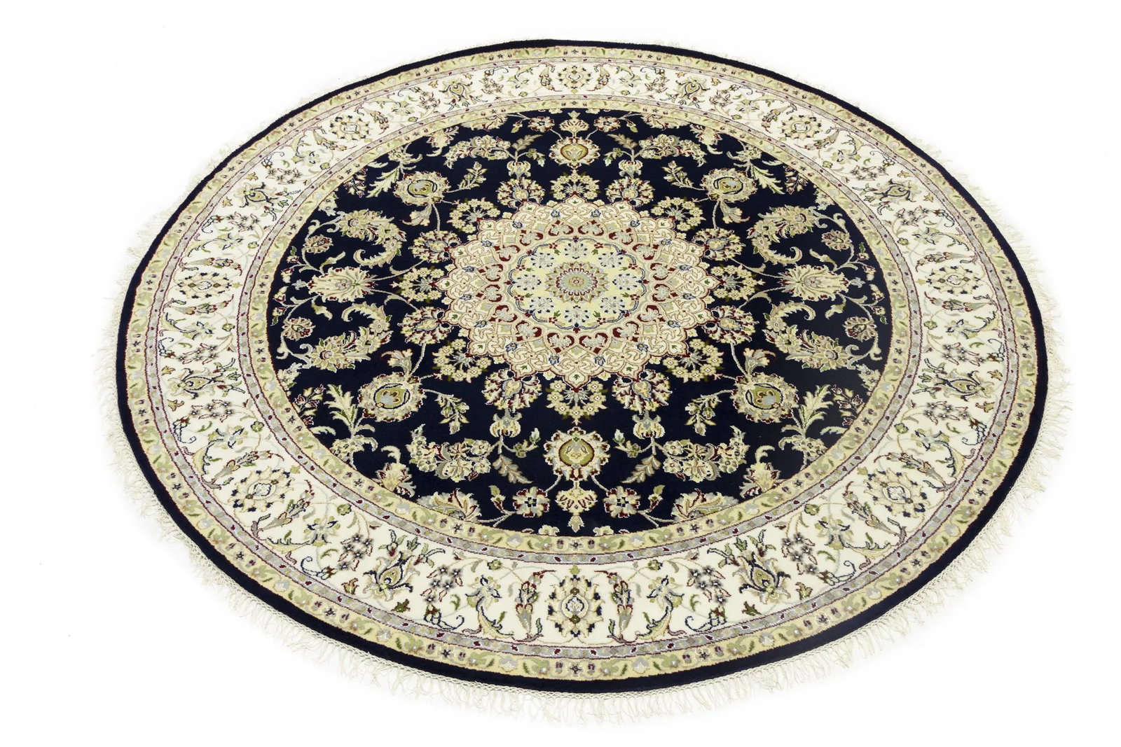 Dark Navy Floral 7X7 Indo-Nain Oriental Round Rug - 3