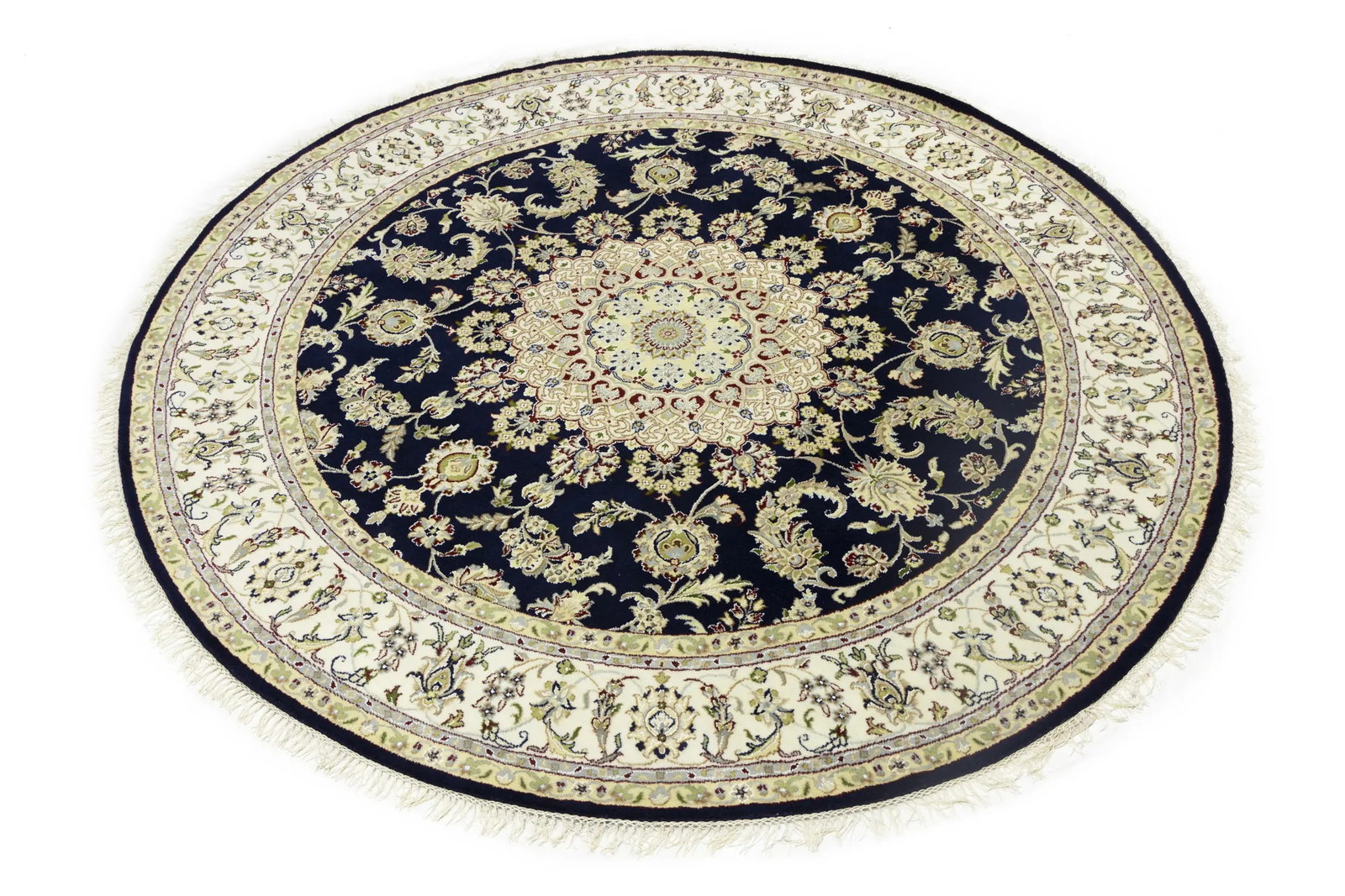Dark Navy Floral 7X7 Indo-Nain Oriental Round Rug - 4