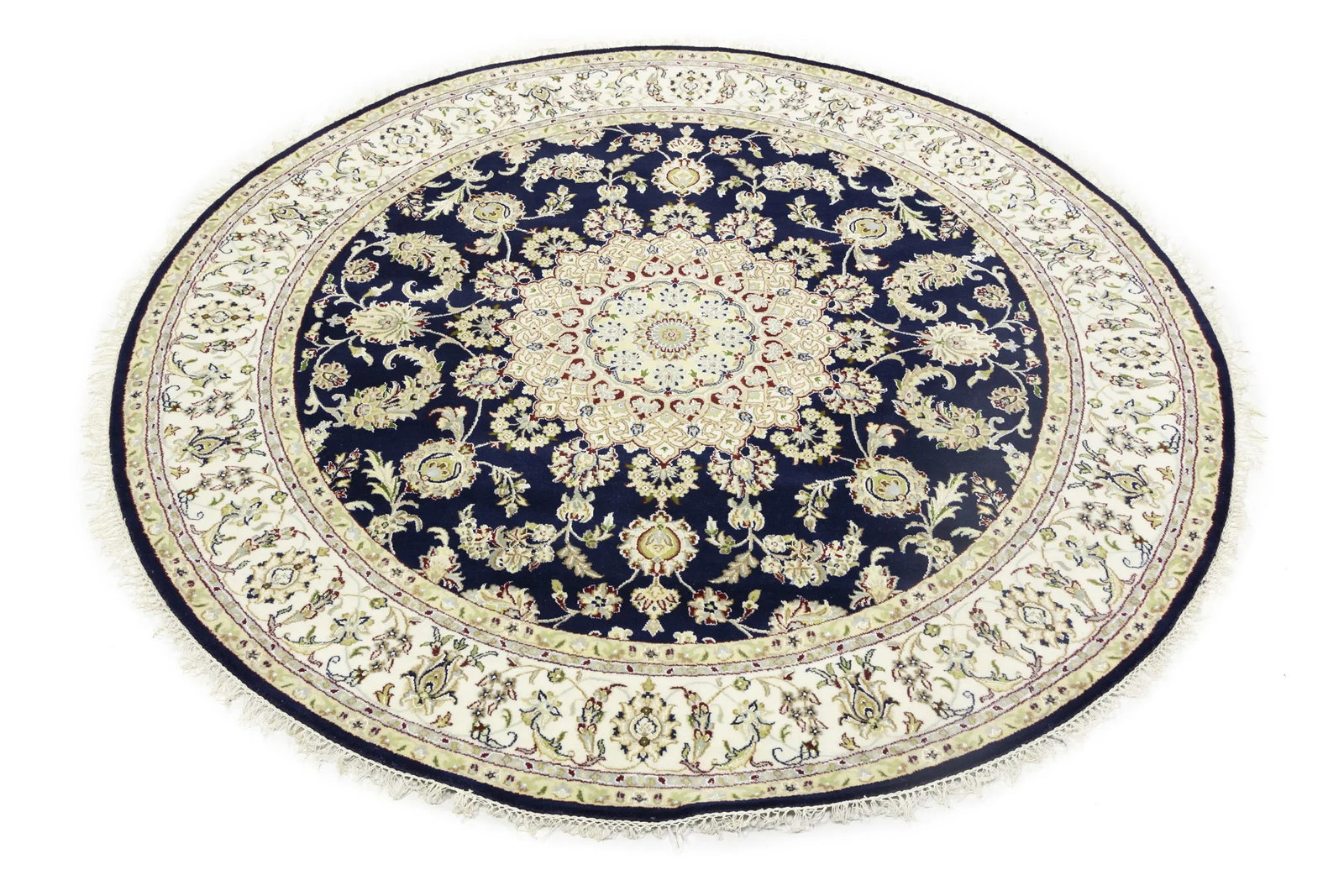 Dark Navy Floral 7X7 Indo-Nain Oriental Round Rug - 5