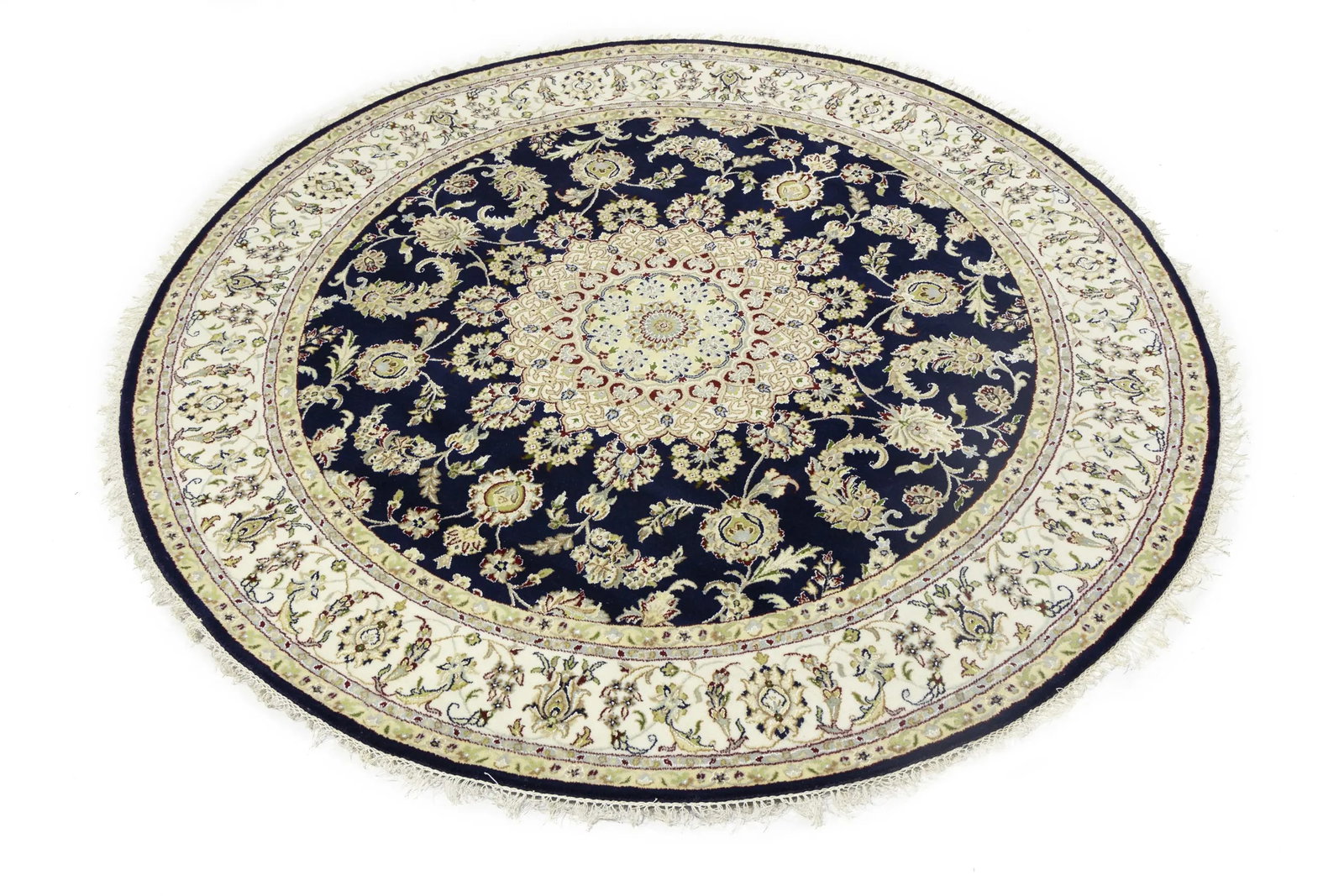Dark Navy Floral 7X7 Indo-Nain Oriental Round Rug - 6