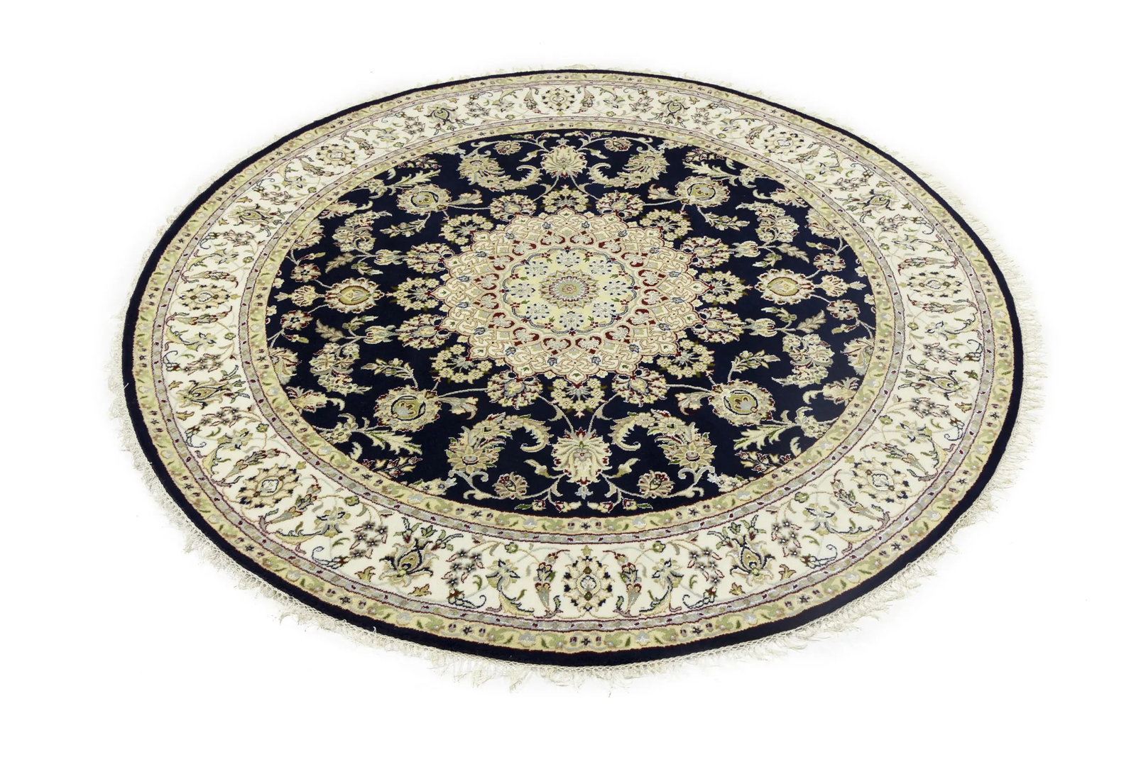 Dark Navy Floral 7X7 Indo-Nain Oriental Round Rug - 7