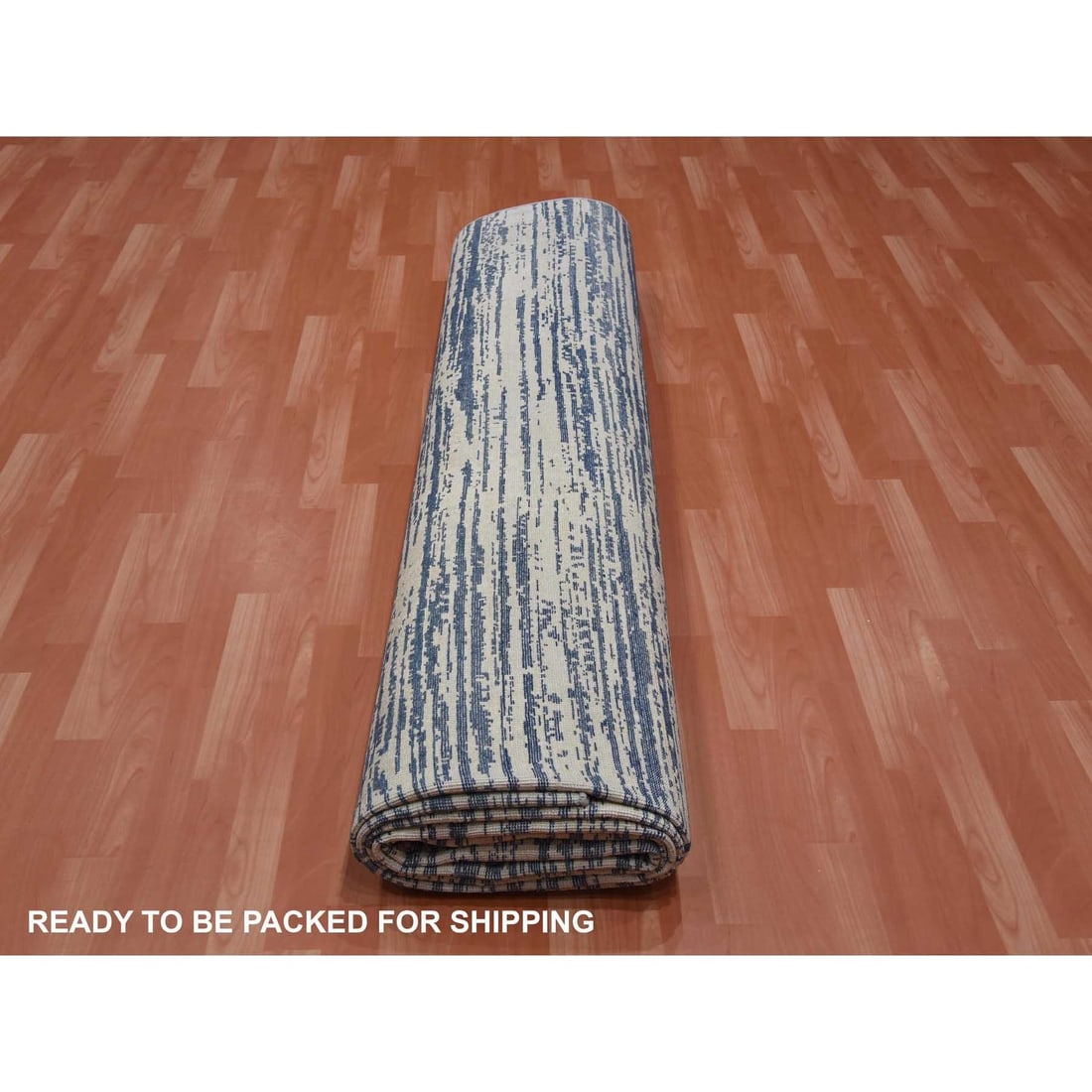 Ivory, Modern Striae Design Silk with Wool Hand Knotted Oversized Rug - 10