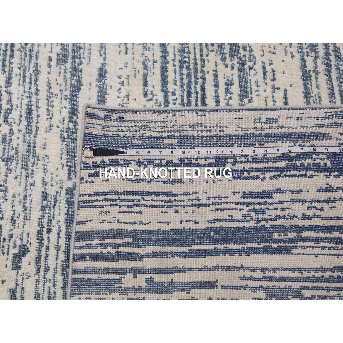Ivory, Modern Striae Design Silk with Wool Hand Knotted Oversized Rug - 12