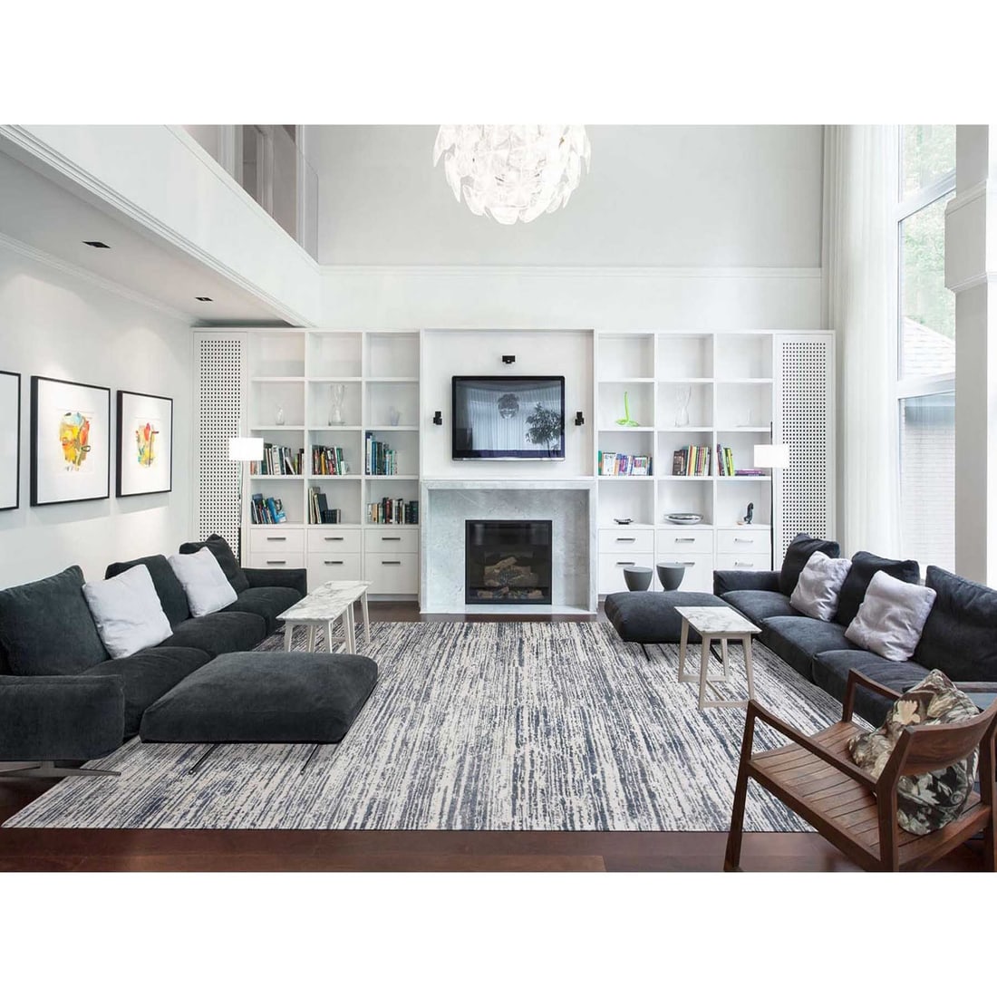 Ivory, Modern Striae Design Silk with Wool Hand Knotted Oversized Rug - 2