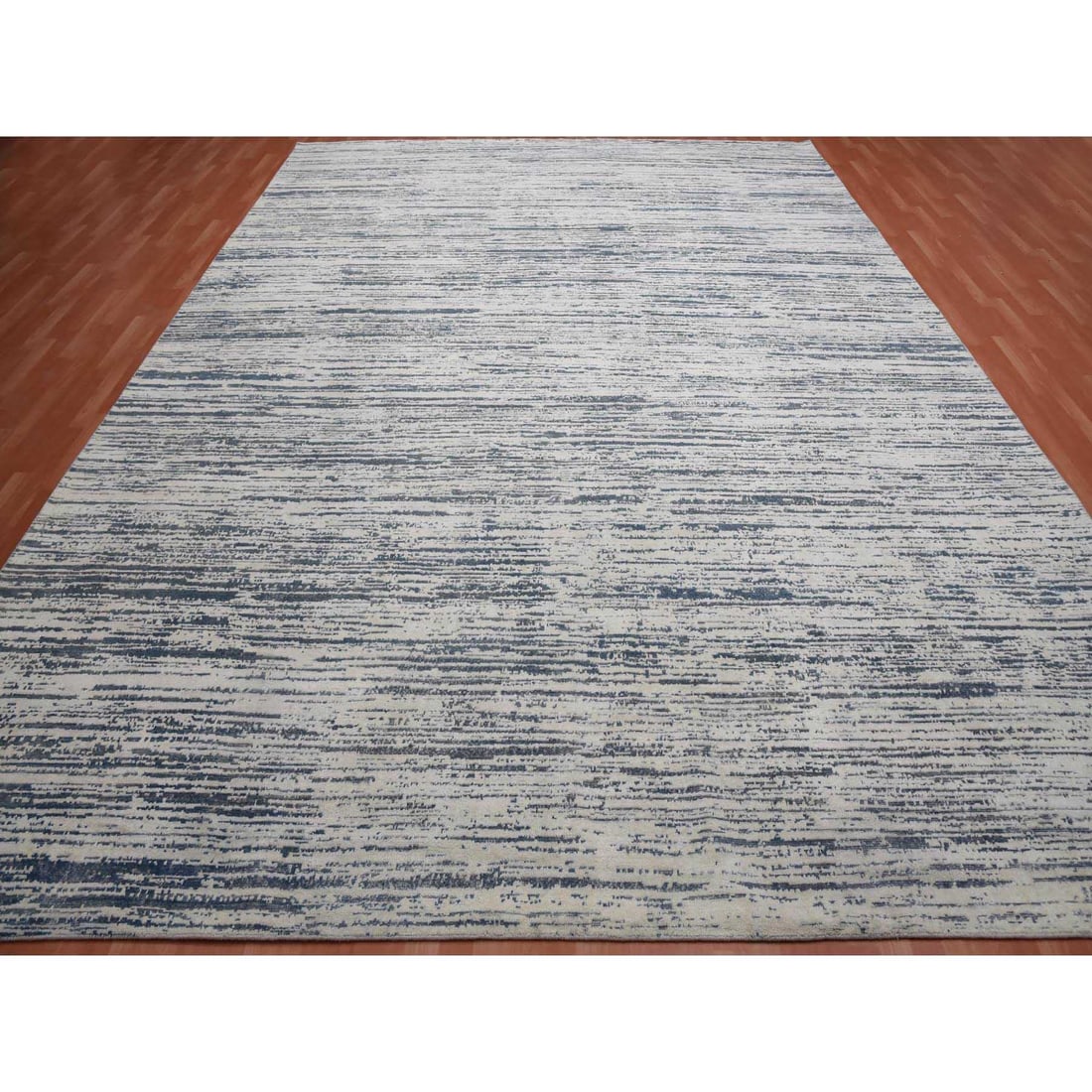 Ivory, Modern Striae Design Silk with Wool Hand Knotted Oversized Rug - 3